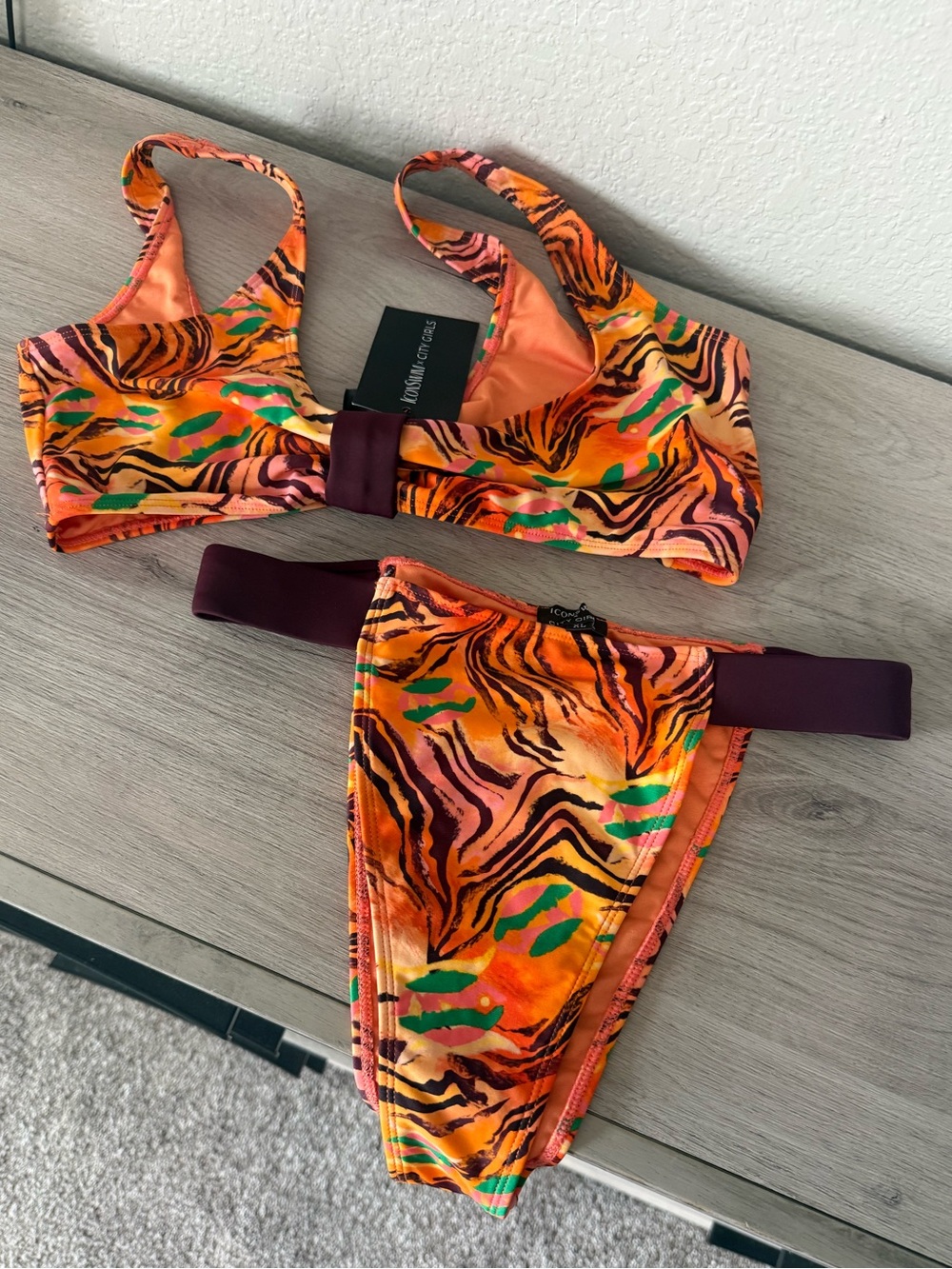 Orange Animal-Print Bikini Set with Maroon Accents